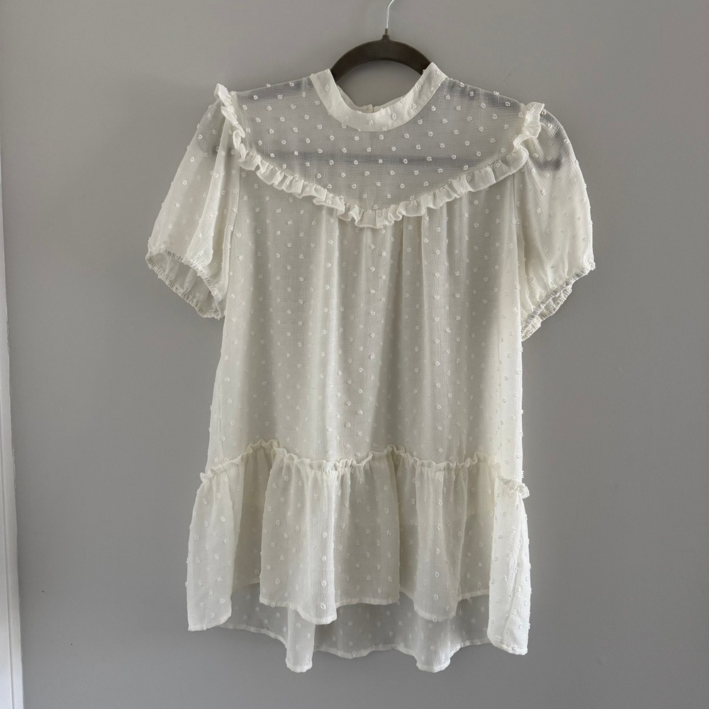 RO&DE White Swiss Dot Ruffle Peplum Blouse Mock Neck Short Sleeve Small Romantic